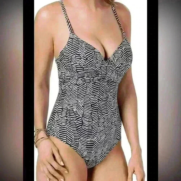 Jantzen One Piece Swimsuit size 14 Geometric Black White Adjustable Slimming - Picture 1 of 6